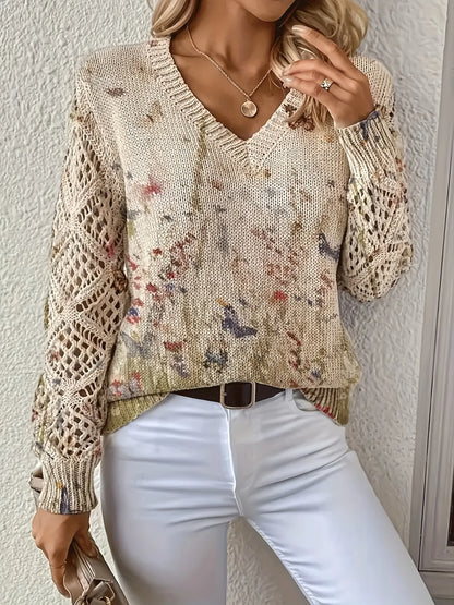 Boho Floral Print V Neck Crocheted Long Sleeved Sweater with Hollowed Out Knit Sleeves in 12 Different Designs