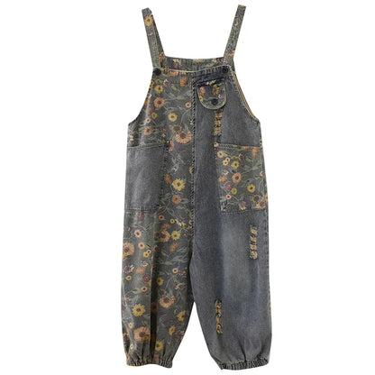 Sizes to 2XL Casual Print Floral Denim Jumpsuits Loose Wide Leg Button-Up Straps Baggy Pants Loose Elastic at Ankles