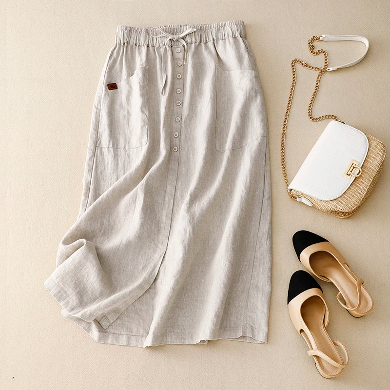 Retro Cotton Linen Elastic and Drawstring Waist Skirt, with Pockets