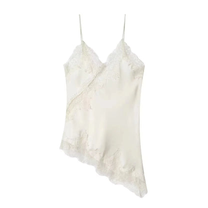 Polka Dot Sling Tops Asymmetric Hem Sleeveless V-Neck Lace Cami