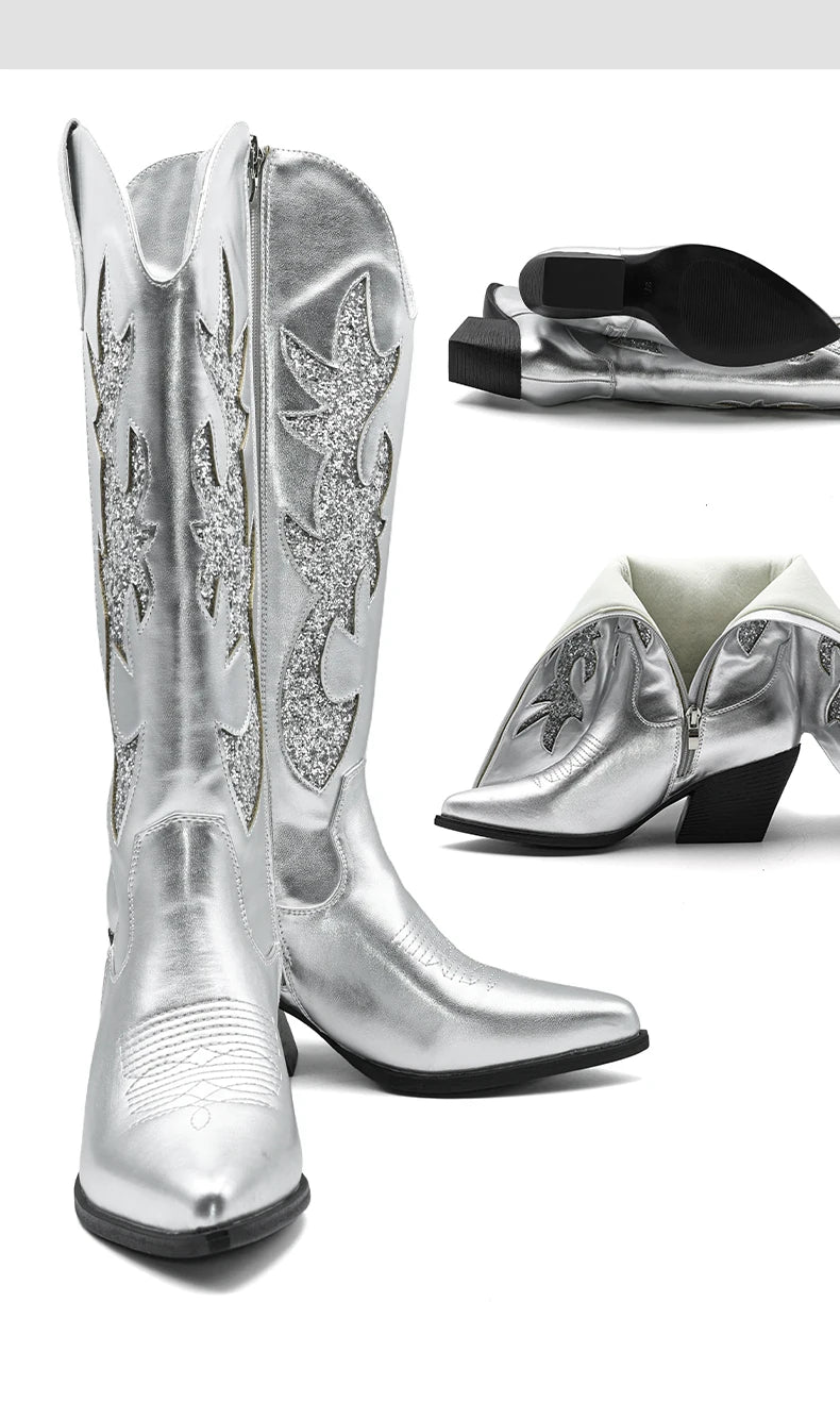Embroidered Western Cowgirl Boots, Pointed Toe, Thick Heel,  Knee High Boots
