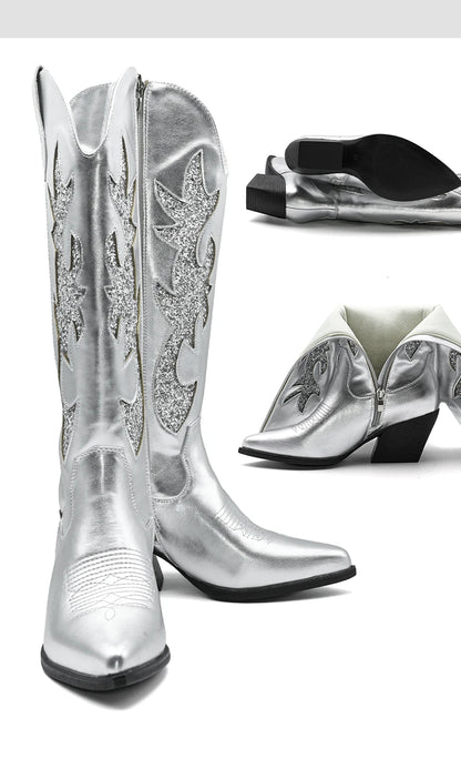 Embroidered Western Cowgirl Boots, Pointed Toe, Thick Heel,  Knee High Boots