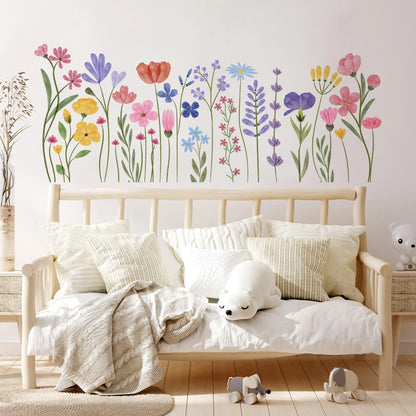 Boho Wildflower Vines, Baseboard Wall Stickers, Colorful Watercolor Floral Skirting Line, Wall Decals