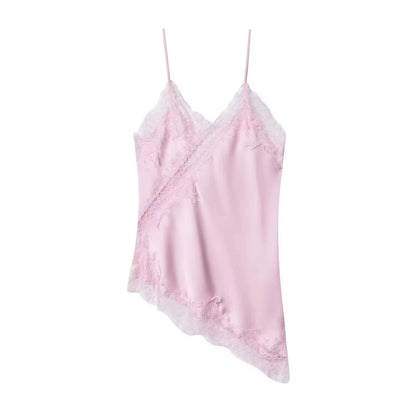 Polka Dot Sling Tops Asymmetric Hem Sleeveless V-Neck Lace Cami