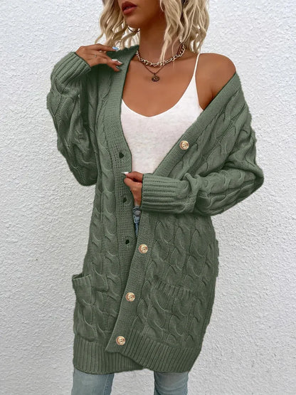 Solid Color Twisted Knit Long Cardigan with Single Buttons and Pockets. Green, Yellow, Turquoise, and White