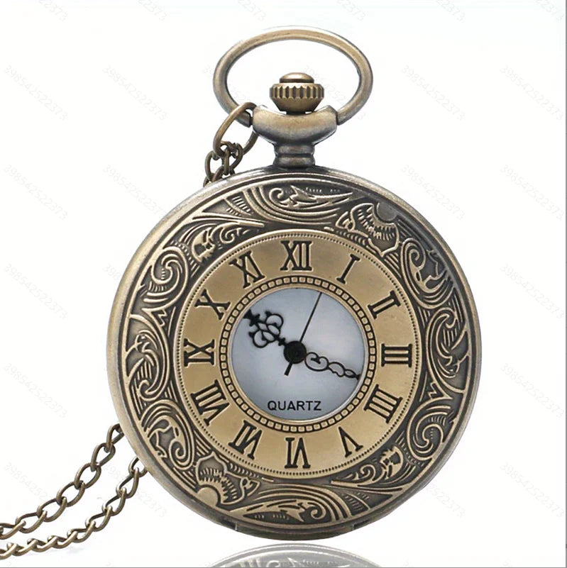 Vintage Charm Black Unisex Fashion Roman Numeral Quartz Steampunk Pocket Watch with Necklace chain