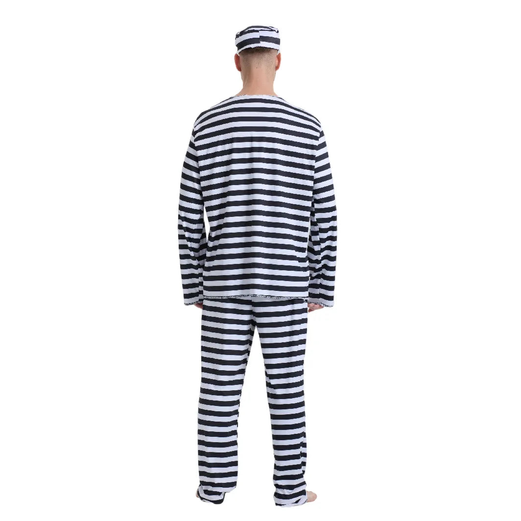 Adult Prisoner Costume Includes Top, Pants, and Headwear