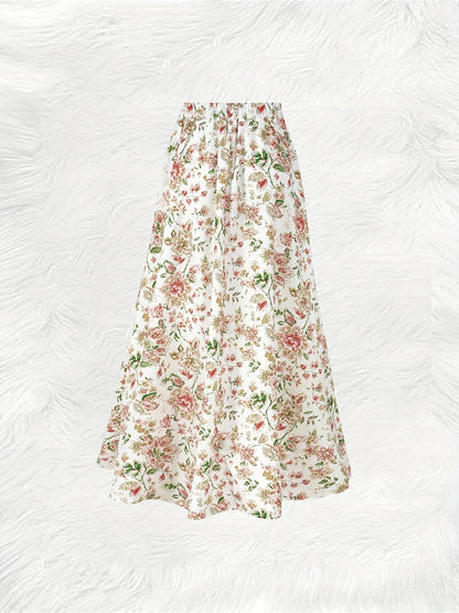 Boho Floral Print All-Season Maxi Skirt, Elastic Waist Flowy