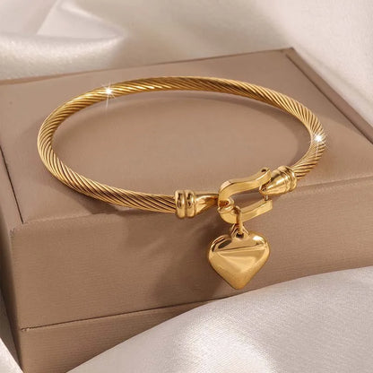Stainless Steel Gold Color Heart Pendant Bracelets, Charm Bangle Bracelets, Waterproof Jewelry