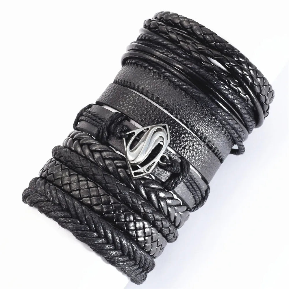 10 Pcs/set Black Wrapped and Woven Handmade Bracelets Male or Women Leather Bracelets