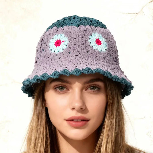 Crocheted Floral Bucket Breathable Boho 3D Flower Sun Hat