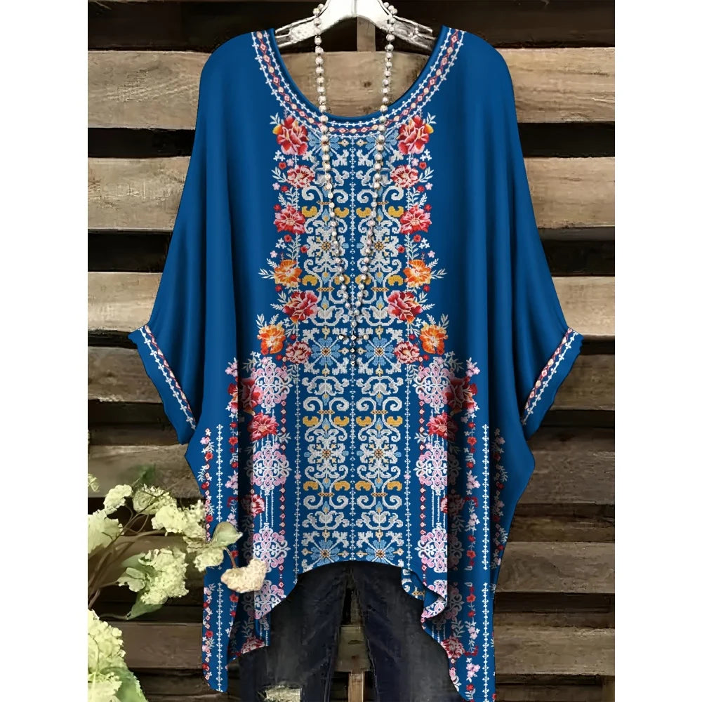 30 Different Style Bohemian Floral Tunics Plus Size to 3XL, 30 Vibrant Colors, Open Round Neck, Hankie Hem, Loose baggy sleeves