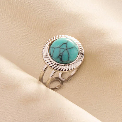 1pc Boho Turquoise Ring Stainless Steel Light Blue Gemstone Silver Adjustable Ring