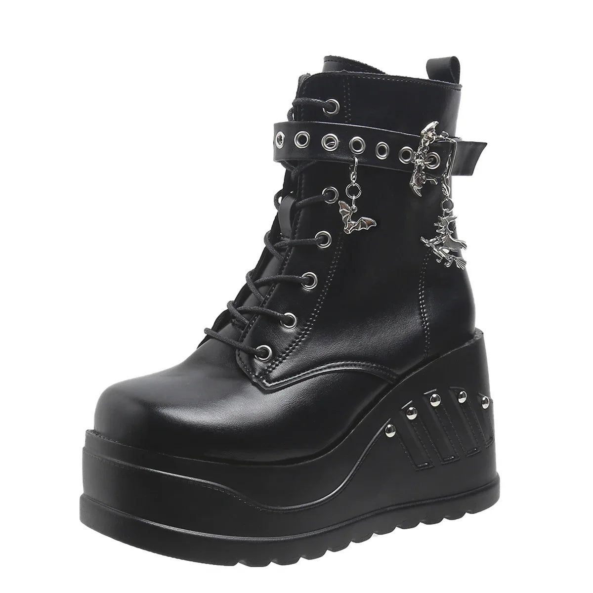 Punk Goth Platform Heels Wedge Heeled Boots, Tie and Strap Closures