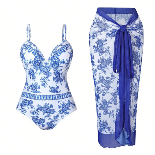 Sizes to 3XL:  Vintage Print One Piece Swimsuit Push Up Swimwear with Mesh Cover Up