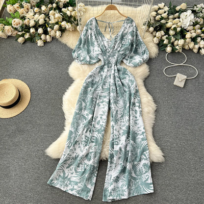 V Neck Dolman Sleeves Slim Waisted Floral and Polka Dot Print Jumpsuit with Wide Legs