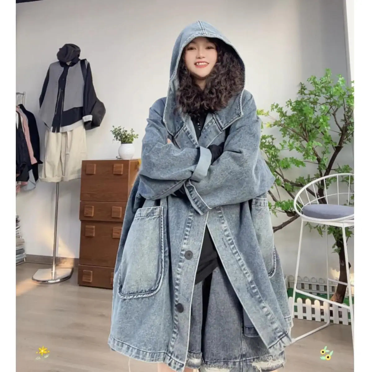Long Oversized Loose Vintage Denim Jackets With Deep Pockets in Faded Washed Blue and Black