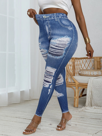 Plus Size to 4XL Women's Tight Imitation Denim Printed Ripped Pattern High Waisted Elastic
