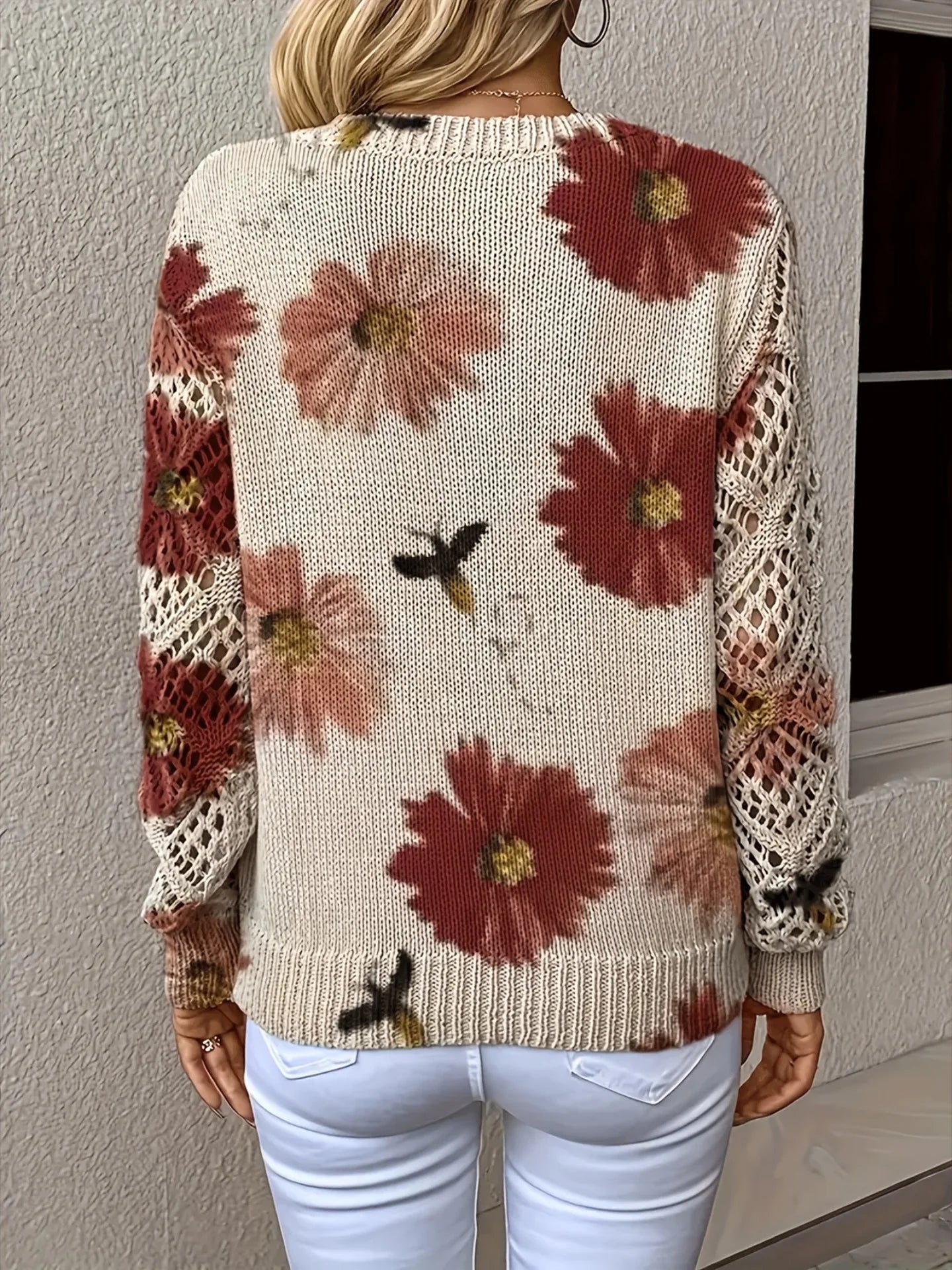 Boho Floral Print V Neck Crocheted Long Sleeved Sweater with Hollowed Out Knit Sleeves in 12 Different Designs