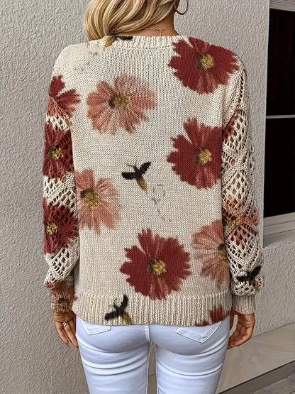 Boho Floral Print V Neck Crocheted Long Sleeved Sweater with Hollowed Out Knit Sleeves in 12 Different Designs