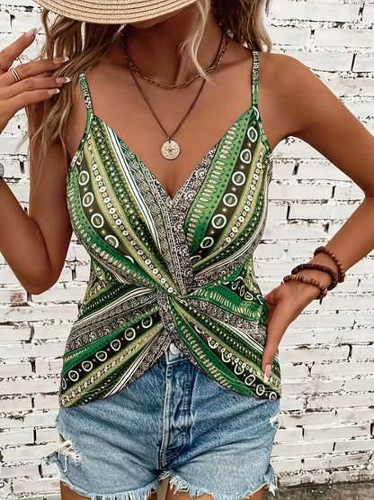 V-neck twisted front camisole top. Made of polyester fabric with spaghetti straps.  Available in 7 colors