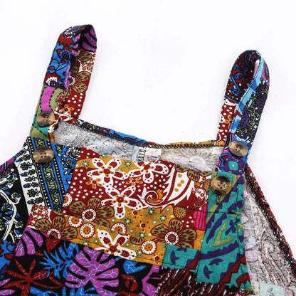 Sizes to 5XL!!!  Captivating Boho Overalls, Multicolor, Square Neck, Sleeveless Casual Jumpsuit with Pockets