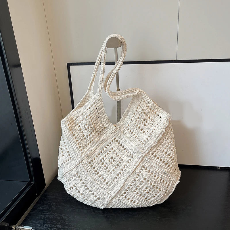 Hollowed Out Yarn Weaved, Large Capacity Shoulder Bags in Red, White, and Tan