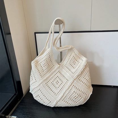 Hollowed Out Yarn Weaved, Large Capacity Shoulder Bags in Red, White, and Tan
