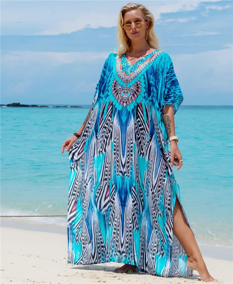 Plus Size Women's Plus Size Moroccan Print V-Neck Batwing Kaftan in 8 Designs