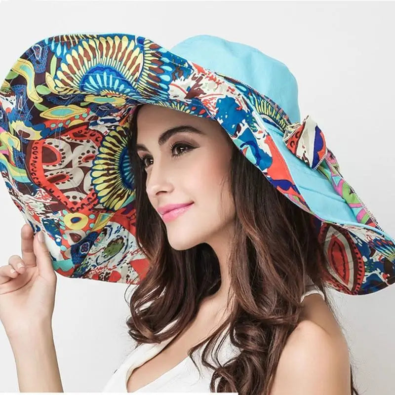 Large Beach Hat Flower Printed Wide Brim Geometric print underneath Wide Brim Various Print Selections