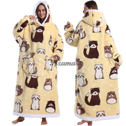 Super Long Flannel Pullover Night Shirt with Pocket and Hood, Super Snuggly for Men and Women, 12 Different Prints
