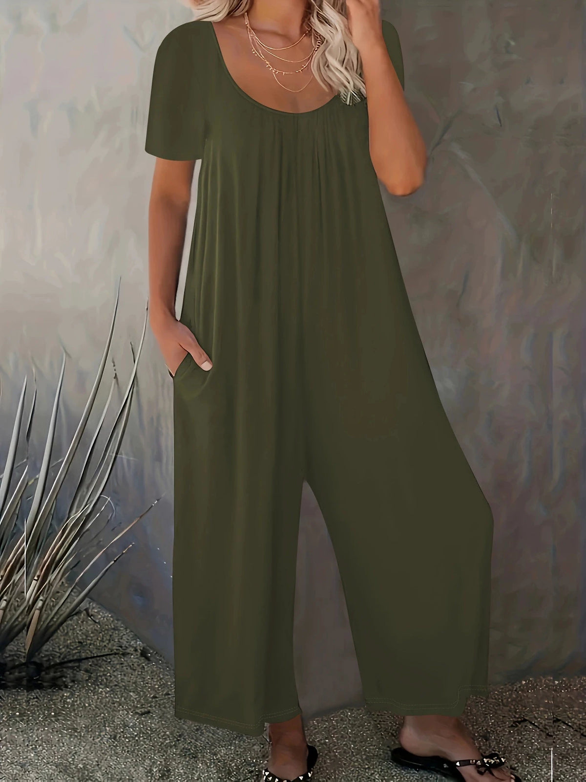 Sizes to 5XL  Jumpsuit, Short Sleeve, U neckline, with pockets. 5 colors