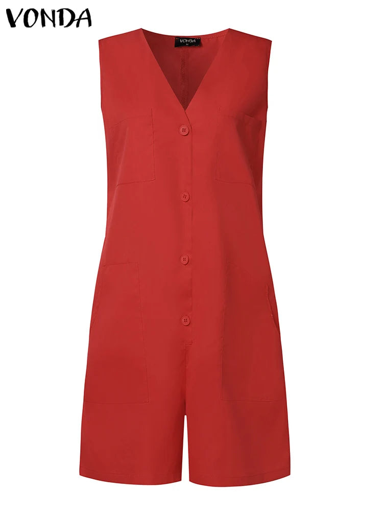 Sizes to 5XL Short Jumpsuits,  Sleeveless, Casual, Loose Fit, V Neck, Pockets, Comes in Khaki, Red, and Black
