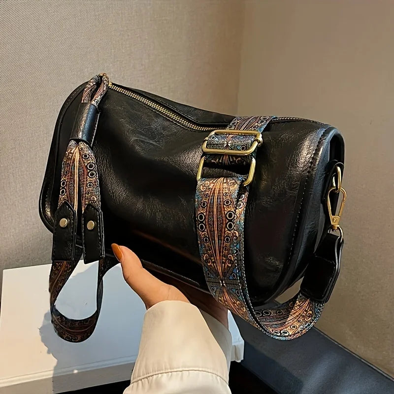 Zipper Closure  Crossbody Bag, Stylish Leather Shoulder Bag with Wide Strap