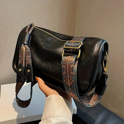 Zipper Closure  Crossbody Bag, Stylish Leather Shoulder Bag with Wide Strap