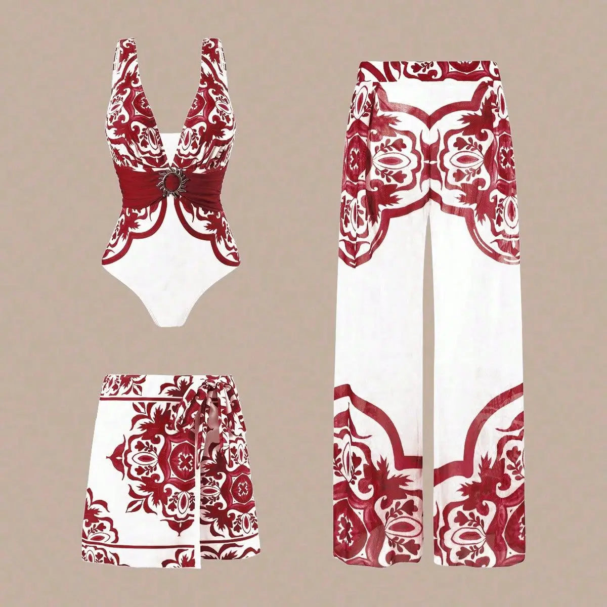 Sexy Three-Piece Swimsuit Set, High Elasticity Backless Swimwear. Skirt and Pants