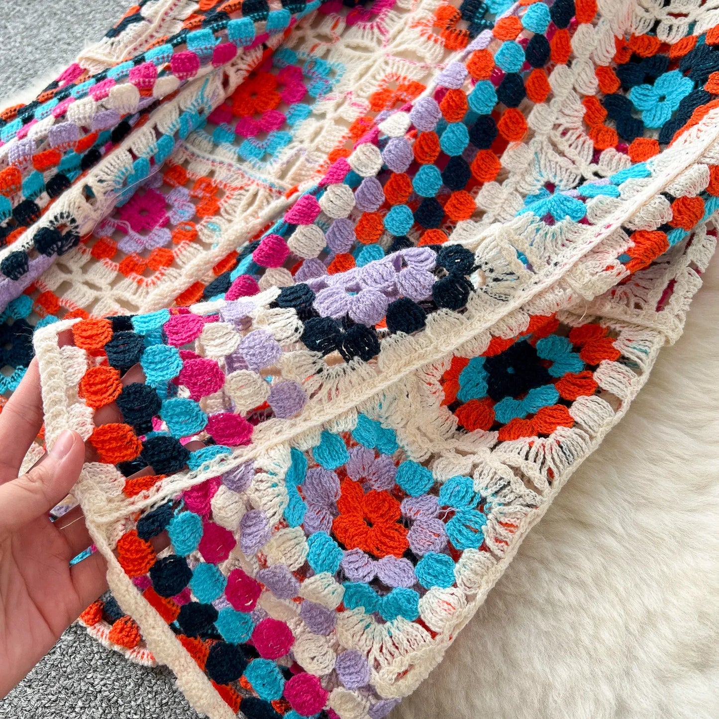 Boho Crocheted Knit Cardigan Midi Length