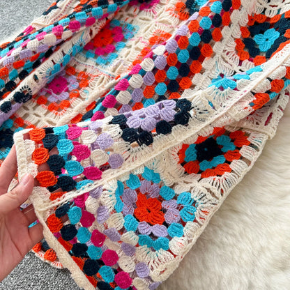 Boho Crocheted Knit Cardigan Midi Length