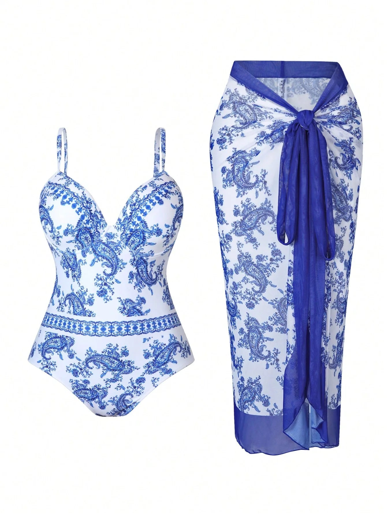 Sizes to 3XL:  Vintage Print One Piece Swimsuit Push Up Swimwear with Mesh Cover Up