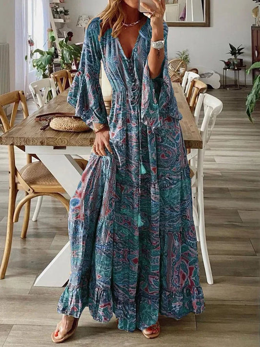 Bohemian Maxi Vintage Floral Print Dress with Plunging V Neck with Bell Sleeves Sizes to 2 XL