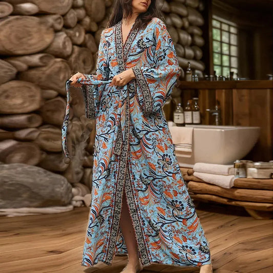 Retro Bohemian Plus-Size Long One-Piece Cover-Up/Robe with Tie Closure