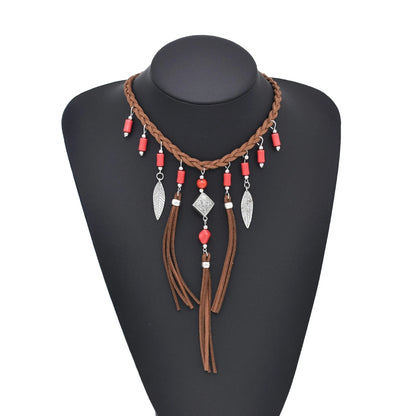 Retro Brown Leather Rope Woven Indian Necklace Acrylic Bead Leather Tassel Choker Ethnic Tribal Statement Jewelry also in Red Beads