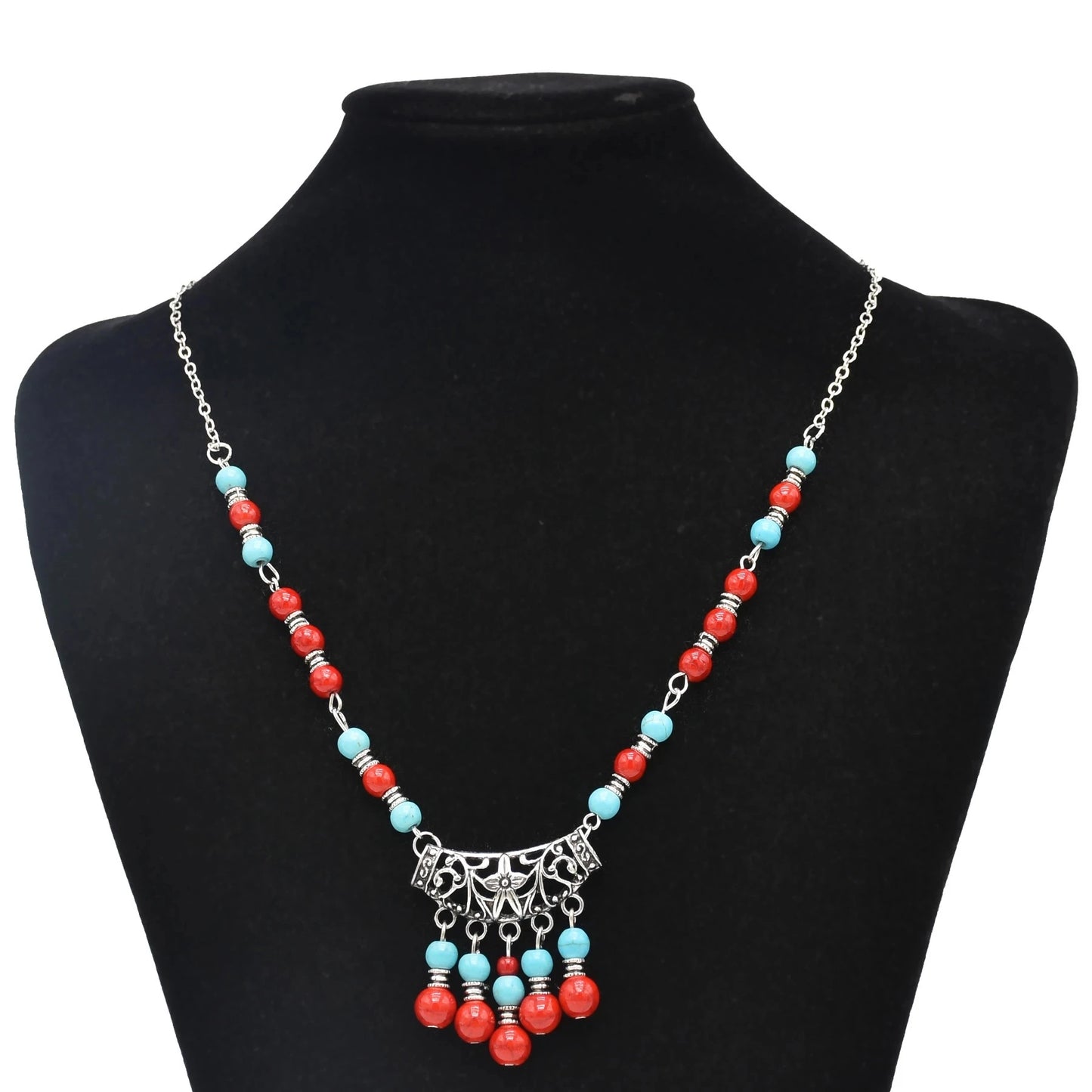 Bohemian Black Blue Stones, Coin tassel Necklace Turkish Gypsy Boho