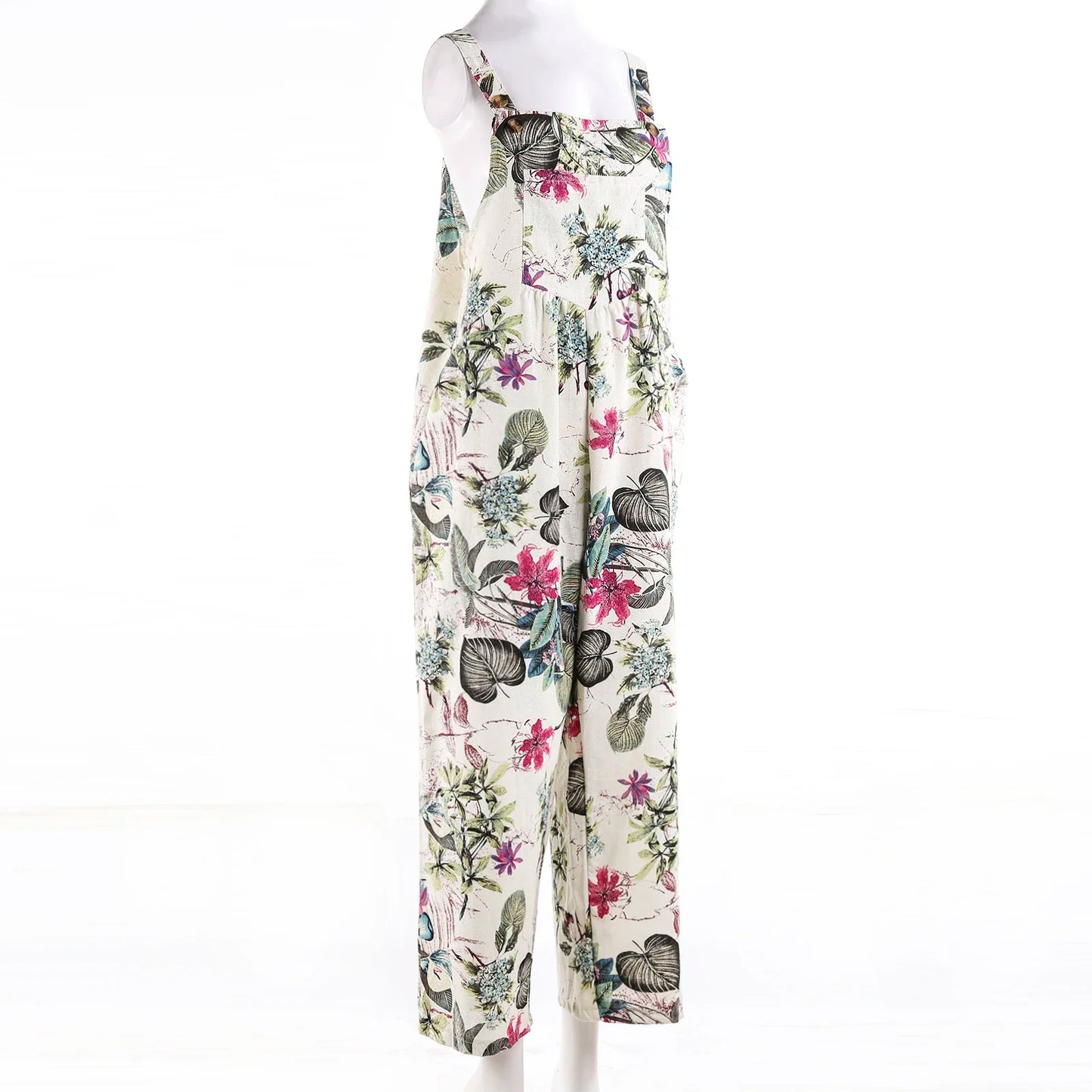 Floral Print, Square Neck, Sleeveless, Casual Overalls with Pockets