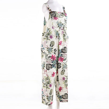 Floral Print, Square Neck, Sleeveless, Casual Overalls with Pockets