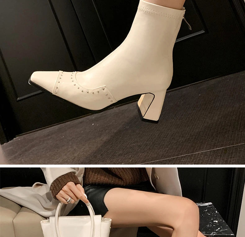 Rivetted Boots with Square Toes and Chunky Heels. Over the Ankle Stretch Tops