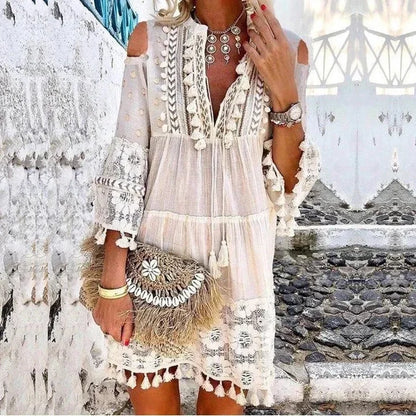 Bohemian Style Sizes to 2XL, White or Yellow, Long, Loose, Lace with Deep V-Neck and Tassels
