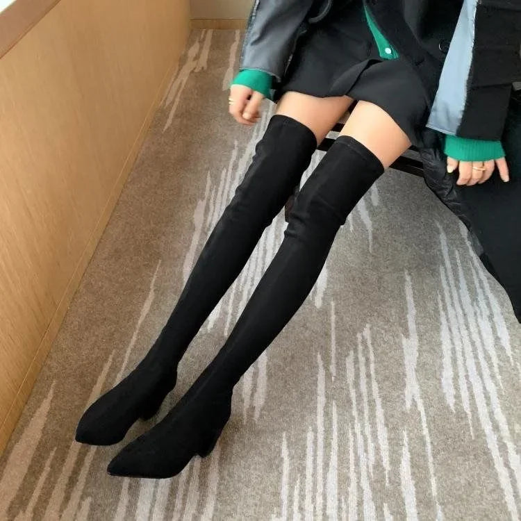 Sexy High Boots Over The Knee, Warm Boots, Suede Back Zipper, Square Heel