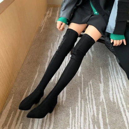 Sexy High Boots Over The Knee, Warm Boots, Suede Back Zipper, Square Heel