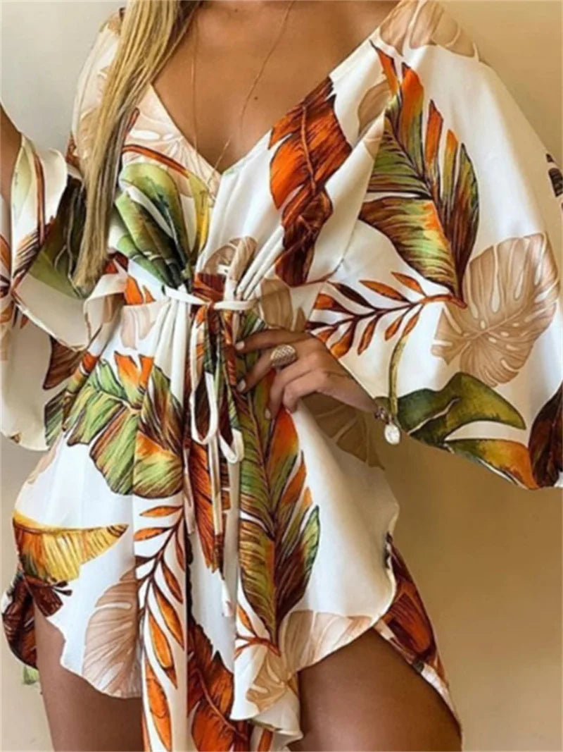Boho Print Mini Dress or Beach Cover-Up in 12 different Prints, V-Neck, Bat Sleeves, Short Angular Hem, Gathered Waist